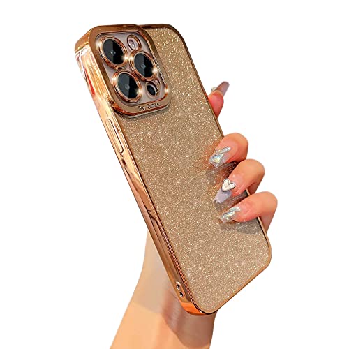 ankofave Compatible with iPhone 14 Pro Max Case for Women Girls, Glitter Luxury Cute Flexible Plating, Shockproof Full Camera Lens Protective Phone Cases for 14 Pro Max Cute 6.7''- Gold