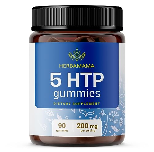 HERBAMAMA 5 HTP Gummies - Calm and Relaxation Support - Melatonin Mood Support and Serotonin Booster - Made with Calcium, 90 Vegan Blueberry Flavor Chews - 5-HTP 200mg