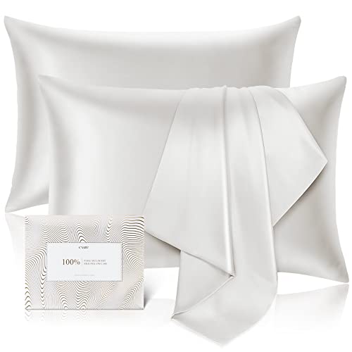 100% Mulberry Silk Pillowcase for Hair and Skin Set of 2,Allergen Resistant Dual Sides,600 Thread Count Silk Bed Pillow Cases with Hidden Zipper,2pcs,(Queen Size,White)