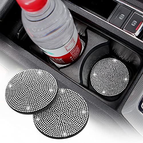 2 Pack Car Cup Holder Coaster, 2.75 Inch Bling Crystal Rhinestone Soft Rubber Pad Set Round Auto Cup Holder Insert Drink Coaster Car Interior Accessories