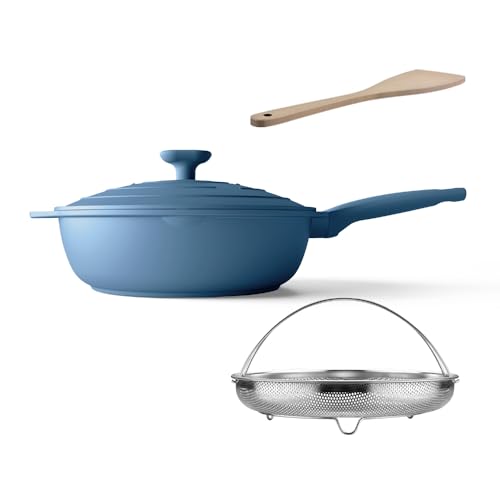 LIGTSPCE All-in-One Pan,Always Nonstick Pan,Deep Frying Pan with Lid(11-inch), Multipurpose Saute pan with Strainer,PFOA Free chefs pan,Dishwasher and Oven Safe (Cerulean)