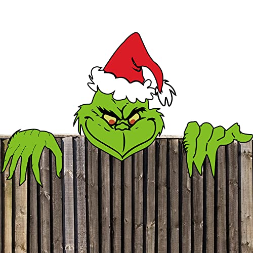 AMZFAVOR Christmas Decorations Outdoor - Fence Yard Sign with Hand Head for Holiday Christmas Fence Peeker Decorations