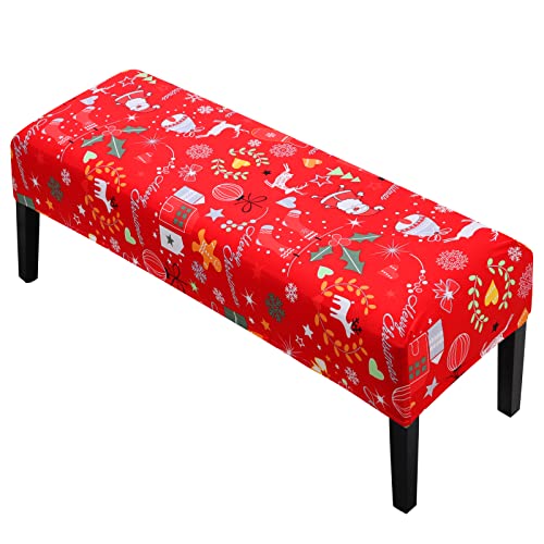 YISUN Christmas Dining Room Bench Covers, Stretch Printed Christmas Bench Covers, Anti-Dust Removable Bench Slipcover Washable Bench Seat Protector Cover for Dining Room, Bedroom, Kitchen (Red)