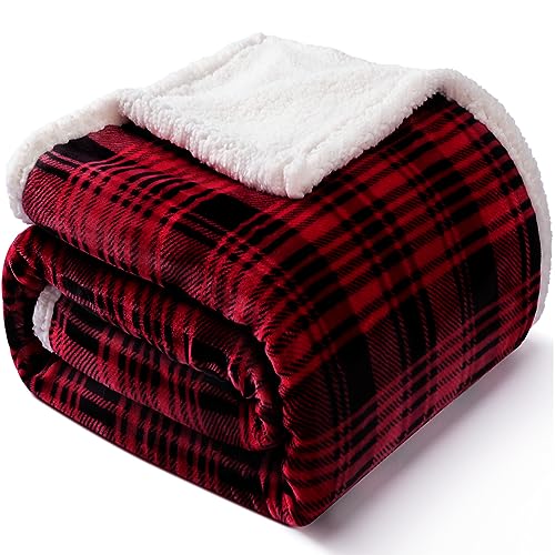 Touchat Sherpa Plaid Throw Blanket,Fleece Flannel Plush Twin Size (60" X 70") Microfiber Blanket for Couch Bed Sofa,Fuzzy Fluffy Cozy Soft Blanket(Plaid Christmas Red)