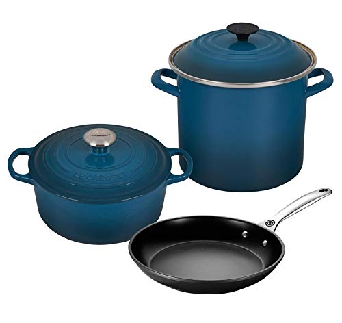 Le Creuset 5-Piece Oven and Stovetop Cookware Bundle with 4-1/2 QT Round Dutch Oven, Le Creuset 8 QT Covered Stockpot, and Le Creuset 10" Toughened Nonstick Pro Fry Pan - Deep Teal