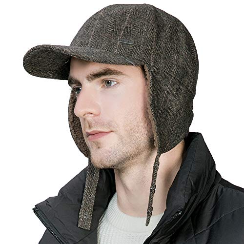 Jeff & Aimy Herringbone Tweed Wool Mens Winter Hat Womens Baseball Cap with Fleece Ear Flaps Muffs Warm Lined Trapper Hunting Ski Chavo Del Cold Weather Hat 58-60CM Brown