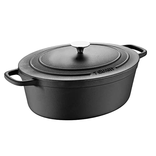 BBQ by MasterPRO - 7 Qt Pre Seasoned Cast Iron Oval Dutch Oven with Self Basting Lid and Stainless Steel Handle, 7 Quarts, Black