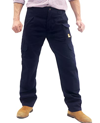 FR Pants for Men Cargo Pockets Flame Resistant 7.5oz 100% Cotton Elastic Waist Welding Pants Navy