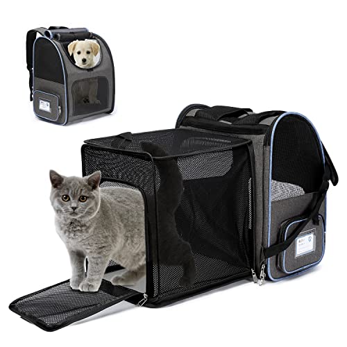 Large Expandable Dog Carrier Backpack,Portable Pet Travel Carrier with Breathable Mesh for Cats,Puppy Dogs and Small Animals Travel,Hiking,Airplane Approved (Dark Grey)