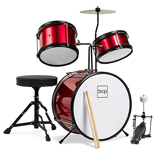 Best Choice Products Kids Drum Set 3-Piece Beginner Drum Set Junior Drum Set, w/ Throne Stool, Cymbal, Drum Sticks, Bass Drum Pedal, 2 Toms - Red