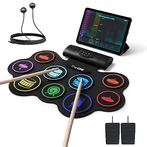 The ONE Electronic Drum Set with Free App, 9 Pads Roll Up Drum Kit with Headphones, Built-in Speaker, Drum Sticks, Pedals, Support Bluetooth MIDI/Recording, Great Holiday/Birthday Gift for Kids