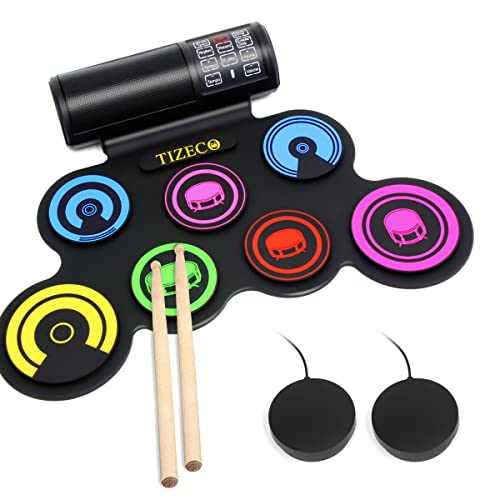 Electric Drum Set for Kids, 7 Pad Practice Drums, Electronic Drum Pad with Drum Sticks and Headphone Jack, Beginner Roll Up Drum, Bulit in Speakers