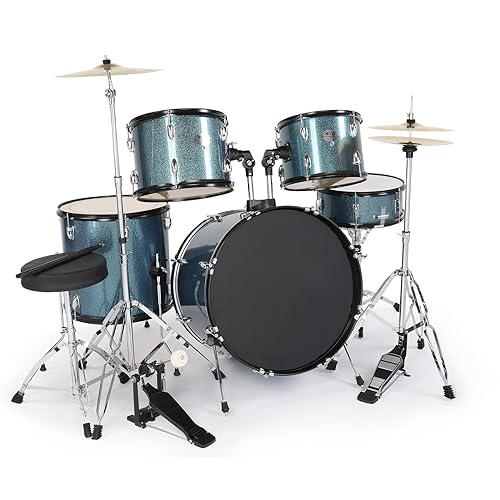 Ktaxon 5-Piece Adult Drum Set, 22 Inch Full-Size Drums Kit with Cymbal Stands, Hi-hat Stand, Sticks, Drum Pedal, Stool & Floor Tom for Beginner Teens Student (Blue)