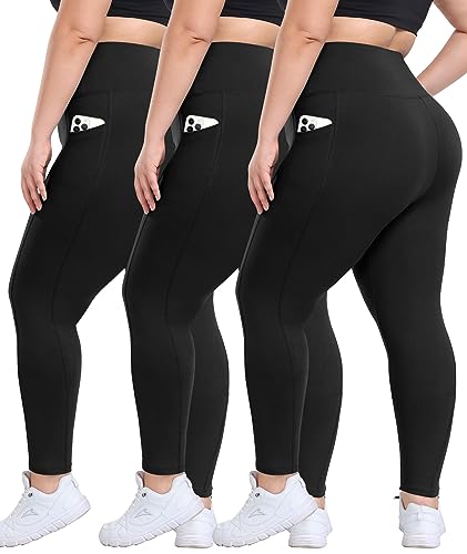 3 Pack Plus Size Leggings with Pockets for Women - High Waisted Tummy Control Spandex Soft Black Workout Yoga Pants