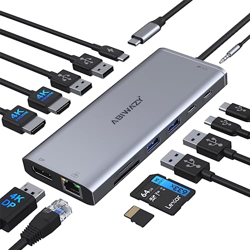 USB C Docking Station Dual Monitor 14 in 1 Triple Display USB C Hub Multiple Adapter with 2 HDMI+DP+7 USB C/A Ports+Ethernet+Audio+SD/TF, USB C Dongle for MacBook/Dell/HP/Lenovo ThinkPad/Surface