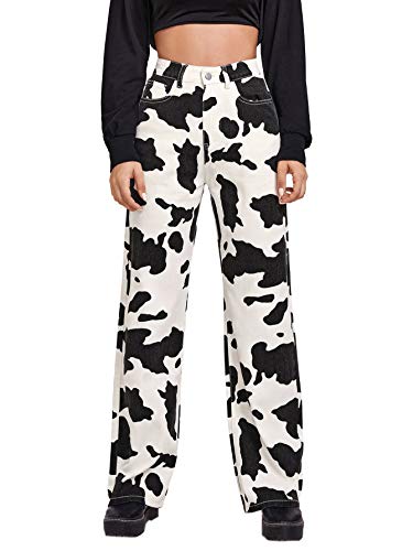 WDIRARA Women's Cow Print High Waist Wide Leg Jeans Casual Long Denim Pants Black and White L