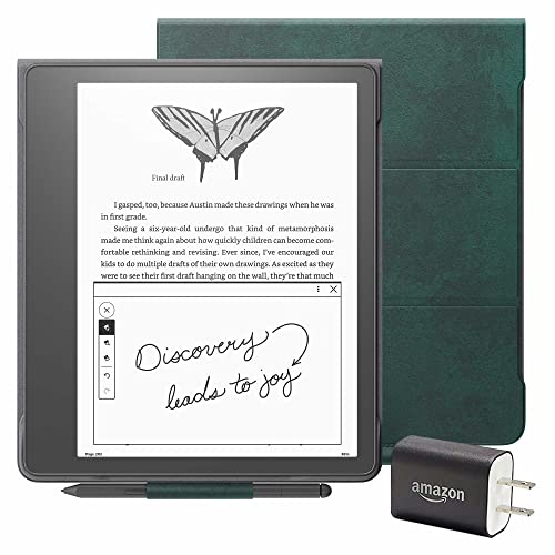 Kindle Scribe Essentials Bundle including Kindle Scribe (64 GB), Premium Pen, Brush Print Leather Folio Cover with Magnetic Attach - Foliage Green, and Power Adapter