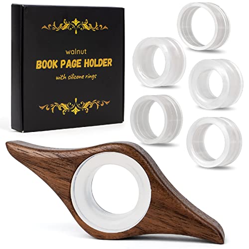 Delonial Book Page Holder Keep Book Open Wooden Walnut Thumb Reader 5 Silicone Rings Reading Lovers Accessories Handmade Gifts Women Spreader Bookmark