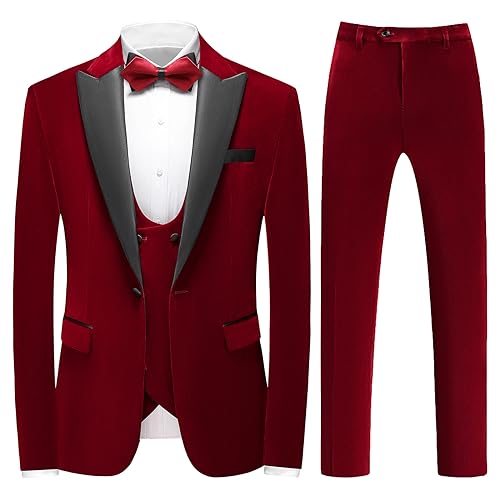 Mens Velvet 3 Piece Suits Slim Fit Peaked Lapel One Button Tuxedo Dinner Jacket Vest Pants Suit Set Red