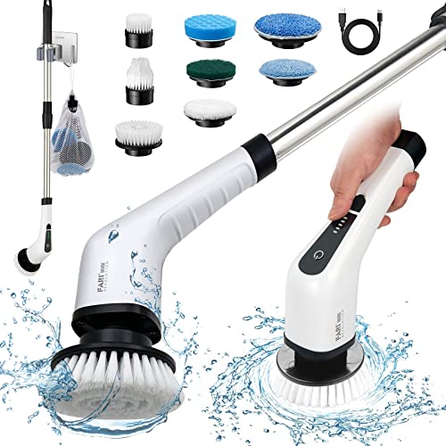 Electric Spin Scrubber, FARI Shower Cleaning Brush with 8 Replaceable Drill Brush Heads, Cordless Power Scrubber with Adjustable Handle Bathroom and Shower Cleaner