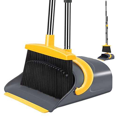 Broom and Dustpan, Broom with Dustpan Combo Set, Dustpan with Long Handle, Broom and Dustpan Set, Broom and Dustpan Set for Home, Lobby,Office Dustpan Comb, Broom with Dustpan Indoor &Out(Gray Yellow)