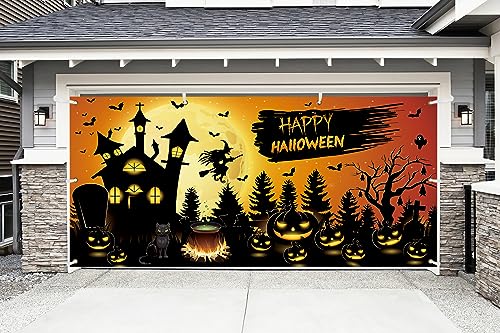 Happy Halloween Garage Door Banner Cover with Grommets Spooky Pumpkin Garage Door Decorations 6 x 13 ft Bloody Backdrop Creepy Bat Horror Mural,HAPPY HALLOWEEN/ORANGE