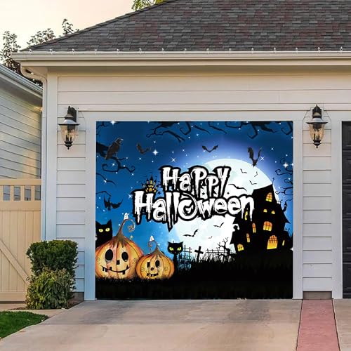 Halloween Garage Door Cover Banner, Pumpkin Ghost Extra Large Halloween Outdoor Party,Garage Door Decorative Garage Door Mural 7ft x 8ft