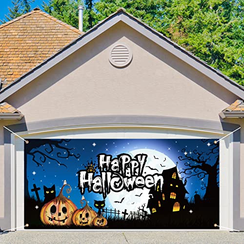 Whaline Happy Halloween Garage Door Banner Large Halloween Garage Door Cover 6x13Ft Pumpkin Castle Backdrop Decoration Holiday Background Sign for Halloween Indoor Outdoor Wall Door House Decor