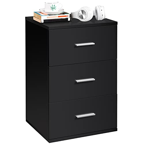 Yaheetech Wood Nightstand, Bedside Table with 3 Drawers, Bedside Cupboard with Metal Handles, Small Drawer Cabinet Unit with Storage for Bedroom/Small Space, Black