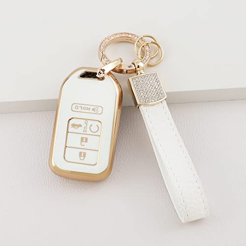 1797 for Honda Key Fob Cover Civic Accord CRV Pilot Passport Insight Accessories Bling Car Remote Key Chain Case Shell Protector 5 Button White Gold TPU Girly Cute