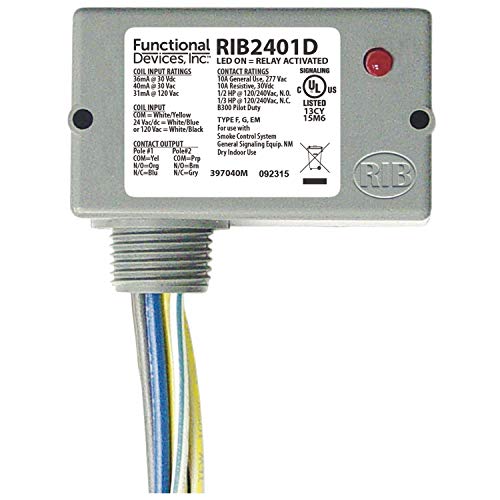 Functional Devices RIB2401D Pilot Relay, 10 Amp DPDT, 24 Vac/dc/120 Vac Coil, NEMA 1 Housing