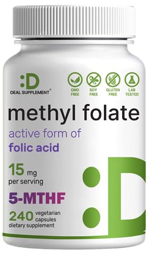 L Methylfolate 15mg Per Serving, 240 Veggie Capsules  Active Folic Acid Form (5-MTHF), Bioavailable Methylated Folate  Prenatal, Energy, & Brain Support Supplement  Non-GMO