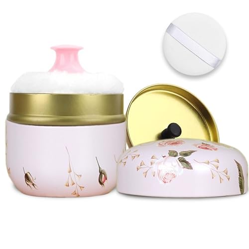 SHIMIDO Body Powder Puff and Container, 3.15" Portable Empty Body Powder Container for Baby Women's Loose Dusting Powder, Powder Case Box with Lids for Bath, Travel and Home Use (Old time)