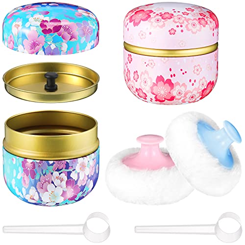 2 Pieces Body Powder Puff and Container, Soft Powder Puffs and 2 Pieces Spoon Loose Powder Tea Container Case Dusting Powder Boxes for Baby Women Home and Travel Use