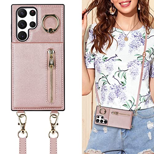 Jaorty Crossbody Phone Cases for Samsung Galaxy S22 Ultra with Strap,Samsung Galaxy S22 Ultra Case with Card Holder for Women,[360 Rotatable Ring Holder] Wallet Leather PU Magnetic Clasp,Rosegold