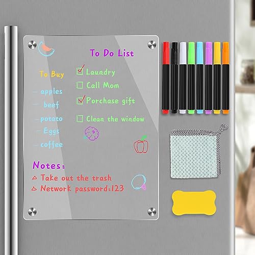 Acrylic Magnetic Dry Erase Board for Fridge,Clear Note Board Refrigerator 13x9" Includes 8 Dry Erase MarkersNot Magnetic Markers
