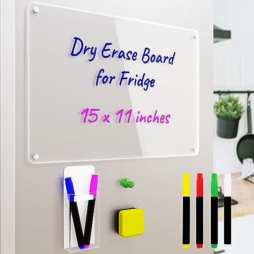 Magnetic Acrylic Note Board for Refrigerator Dry Erase Board Clear Writing Board 15x11" Includes 6 Dry Erase Markers, Pen Holder, Pin Push and Eraser