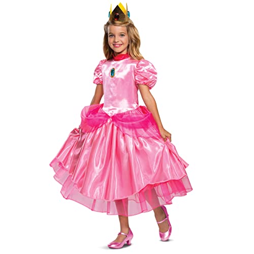 Princess Peach Costume Dress, Nintendo Super Mario Bros Deluxe Dress Up Outfit for Girls, Kids Size Medium (7-8)