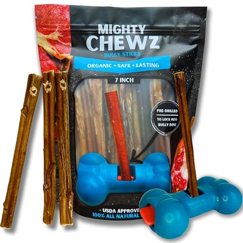 Mighty Chewz 7" Standard Bully Sticks (5 Pack) with Bully Stick Safety Device - No Choking/All Natural Pizzle Sticks and Bully Stick Holder