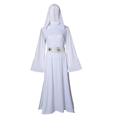 COSMAKER Womens Leia Costume Long Hooded Princess Dress Halloween Tunic Robe with Belt (White, XXX-Large)