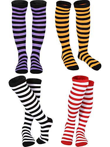 SATINIOR 4 Pair Red and White Striped Socks Classic Rainbow Knee High Clown Knee Socks for Women Girls (Witch Style 4 Colors)