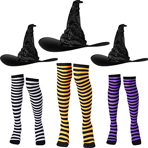 3 Pcs Halloween Witch Hats and 3 Pairs Knee High Thigh Striped Socks Witch Costumes Accessories for Halloween Party(Assorted Color)
