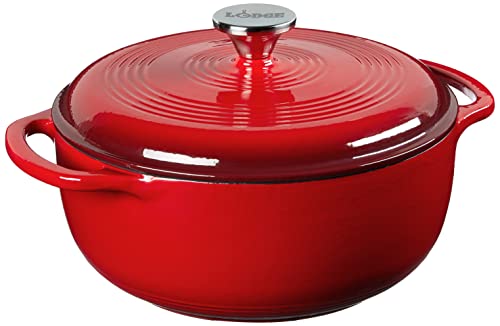 Lodge 4.5 Quart Enameled Cast Iron Dutch Oven with Lid  Dual Handles  Oven Safe up to 500 F or on Stovetop - Use to Marinate, Cook, Bake, Refrigerate and Serve  Island Spice Red