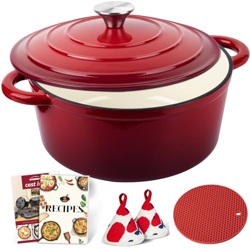 Overmont Enameled Cast Iron Dutch Oven - 5.5QT Pot with Lid Cookbook & Cotton Heat-resistant Caps - Heavy-Duty Cookware for Braising, Stews, Roasting, Bread Baking