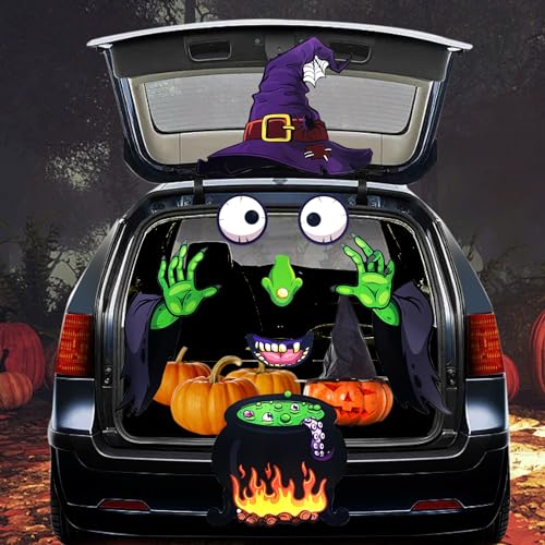 IRmm Halloween Trunk Or Treat Car Decorations Kit, Halloween Garage Door Decorations, Witch Sticker Halloween Car Decoration with Witch Hat Eyes Hands Cauldron for Garage Door Car Archway Decor