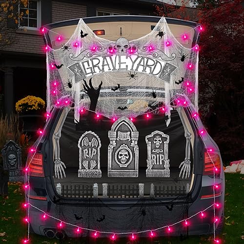 Liliful 22 Pcs Halloween Tombstone Trunk or Treat Car Decoration Halloween Fence Skeleton Arm Spider Bat Archway Garage Decoration with Purple Spider LED Lights Halloween Creepy Cloth for Party Decor