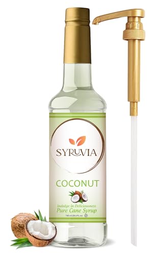 Syruvia Coconut Syrup for Coffee  Creamy Coconut Coffee Syrup Flavor, 25.4 fl oz, Kosher, Gluten Free, Ideal for Coconut-Infused Coffee, Drinks, Desserts, and More, No Coloring, with Syrup Pump
