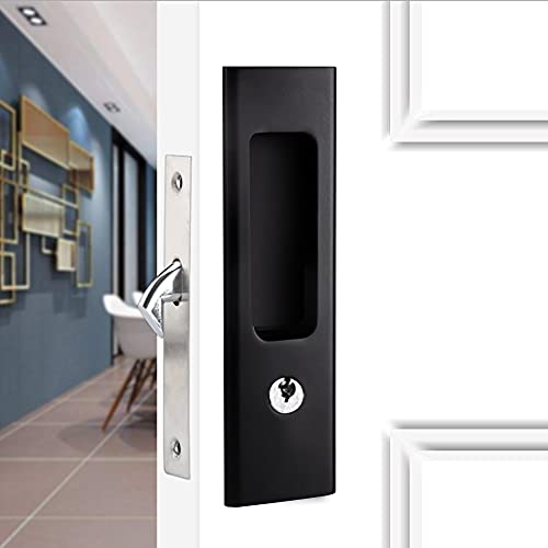 LWZH 6.3" Matte Black Privacy Pocket Door Lock Hardware, Invisible Recessed Handle Latch with Keys, Sliding Door Mortise Lock, Double Barn Door Lock Furniture Hardware