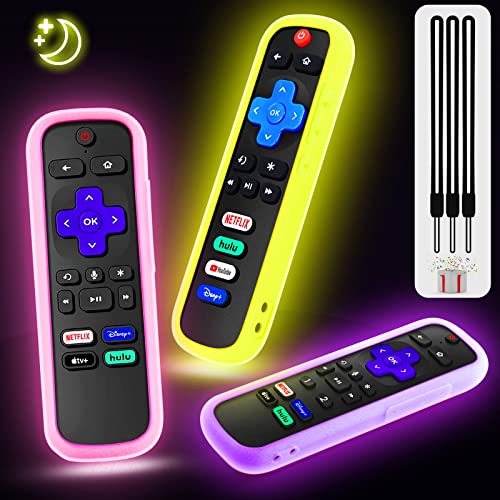 (3 Pack) ONEBOM Roku Remote Cover Case, Shockproof, Anti-Slip Remote Universal Sleeve Skin Cover Designed for TCL Roku Smart TV Steaming Remote Pink Yellow Purple[All Can Glow in The Dark]