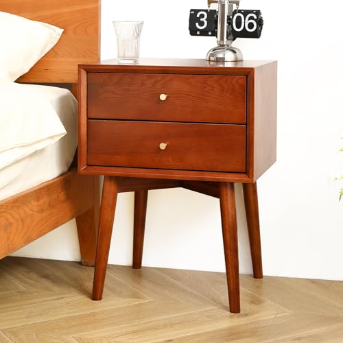 Olusmane Nightstand Solid Oak Wood Mid Century Modern Night Stand with 2-Drawers 17.72" L x 13.78" W x 23.63" H for Bedroom Living Room (Walnut)